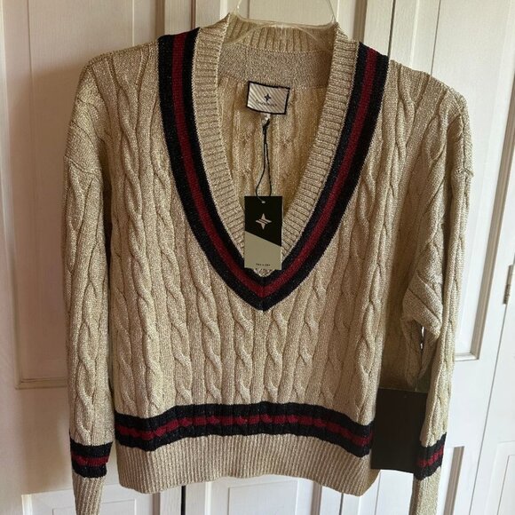 NWT $198 Tuckernuck Gold Metallic Sweater With Navy & Red Stripes Size MED - Picture 1 of 1